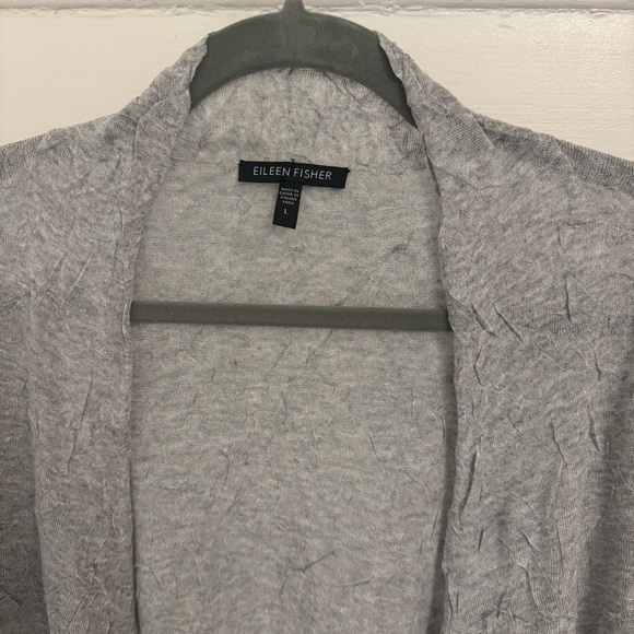 Eileen Fisher Short Sleeve Open Front Crinkle Cardigan Sweater - Gray, Size L - Picture 2 of 7
